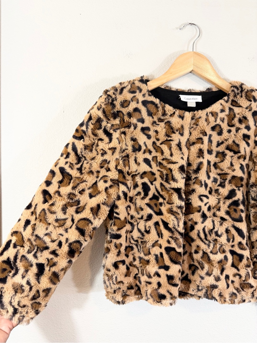 Calvin Klein Leopard Faux Fur Shrug Size S Cropped 3/4 Sleeve Cocktail Evening - Picture 2 of 9